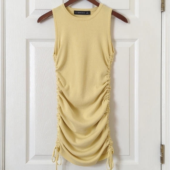 Lioness Military Minds Knit Sleeveless Side Ruched Mini Dress Mellow Yellow M - Picture 1 of 13